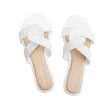 FITORY Womens Flat Sandals Fashion Slides With Soft Leather Crisscross Style Slippers for Summer White Size 8