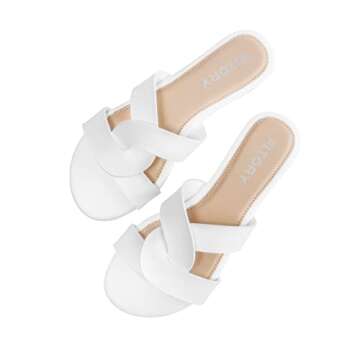 FITORY Womens Flat Sandals Fashion Slides With Soft Leather Crisscross Style Slippers for Summer White Size 8