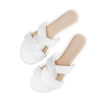 FITORY Womens Flat Sandals Fashion Slides With Soft Leather Crisscross Style Slippers for Summer White Size 8