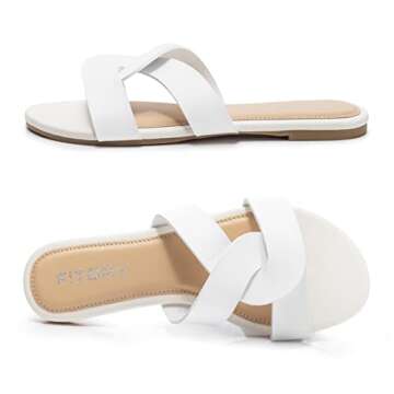 FITORY Womens Flat Sandals Fashion Slides With Soft Leather Crisscross Style Slippers for Summer White Size 8