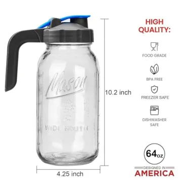 Half Gallon Mason Jar Pitcher Large Wide Mouth 64 oz with Lid - 2 Quart for Iced Tea, Sun Lemonade, Coffee, Airtight, Set of 1