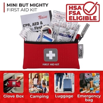 Thrive Travel Essentials Mini First Aid Kit - 66 FSA HSA Approved Products Includes Multi-Sized Bandage, Wipes, Safety Pins, and More (Pouch)