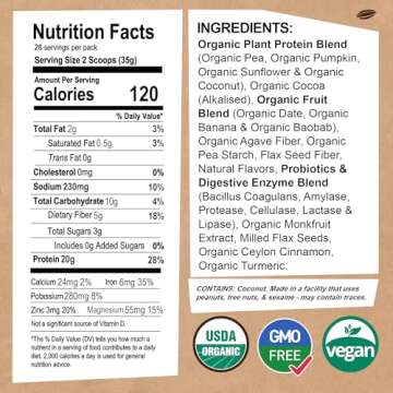 EarthChimp Organic Vegan Protein Powder - with Probiotics - Non GMO, Dairy Free, Non Whey, Plant Bas...