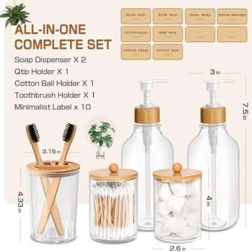 MIERTING Bathroom Accessory Set 5 Pcs, Bamboo Bathroom Accessories Sets Complete, Clear Bath Soap Dispenser and Toothbrush Holder Set, Boho Bathroom Counter Decor, Qtip Cotton Ball Cotton Pads Holder