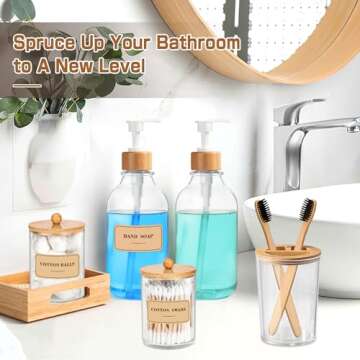 MIERTING Bathroom Accessory Set 5 Pcs, Bamboo Bathroom Accessories Sets Complete, Clear Bath Soap Dispenser and Toothbrush Holder Set, Boho Bathroom Counter Decor, Qtip Cotton Ball Cotton Pads Holder