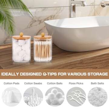 MIERTING Bathroom Accessory Set 5 Pcs, Bamboo Bathroom Accessories Sets Complete, Clear Bath Soap Dispenser and Toothbrush Holder Set, Boho Bathroom Counter Decor, Qtip Cotton Ball Cotton Pads Holder
