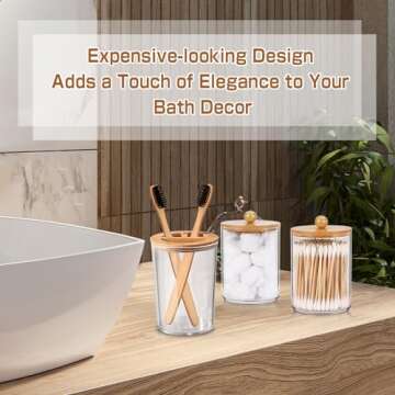 MIERTING Bathroom Accessory Set 5 Pcs, Bamboo Bathroom Accessories Sets Complete, Clear Bath Soap Dispenser and Toothbrush Holder Set, Boho Bathroom Counter Decor, Qtip Cotton Ball Cotton Pads Holder