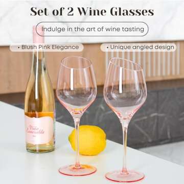 Lidy Pink Wine Glasses Set of 2-15oz Colored Hand Blown Slanted Wine Glasses - Rose Goblets for Red,...