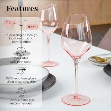 Lidy Pink Wine Glasses Set of 2-15oz Colored Hand Blown Slanted Wine Glasses - Rose Goblets for Red, White, Champagne, Cocktails - Pink Glassware for Valentine's Day Gift - Colorful Unique Glassware