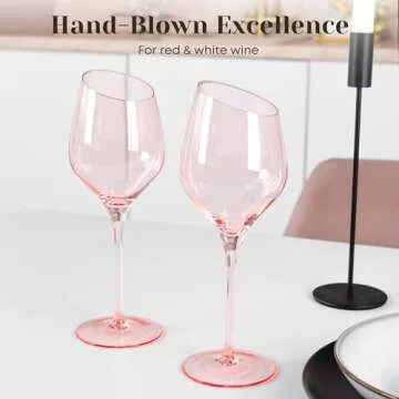Lidy Pink Hand Blown Wine Glasses Set of 2 - Elegant Slanted Design