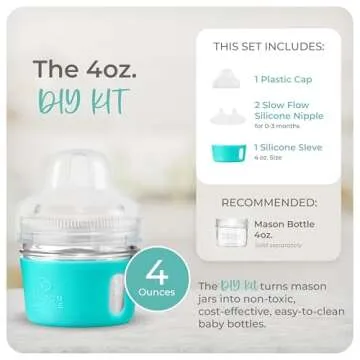 Mason Bottle 4oz Glass Baby Bottle DIY Kit - Fits Any 4oz Mason Jar - Includes 1x Silicone Sleeve, 1x Plastic Cap, & 2X Silicone Slow Flow Nipples (Ring/Lid & Jar NOT Included) - Made in USA