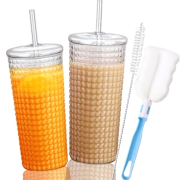 Birity Glass Cups With Lids and Glass Straws,24oz High Borosilicate Glass Tumbler Iced Coffee Smooth...