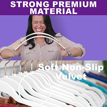 MIZGI Premium Velvet Hangers (50 Pack) Heavy Duty - Non Slip Felt Hangers - White - Rose Gold Swivel Hooks,Space Saving Clothes Hangers,Durable Strong Hangers for Suits,Coats,Dress