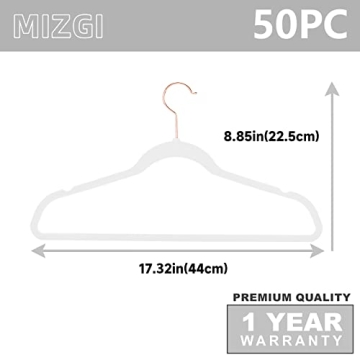 MIZGI Premium Velvet Hangers (50 Pack) Heavy Duty - Non Slip Felt Hangers - White - Rose Gold Swivel Hooks,Space Saving Clothes Hangers,Durable Strong Hangers for Suits,Coats,Dress