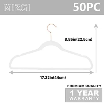 MIZGI Premium Velvet Hangers (50 Pack) Heavy Duty - Non Slip Felt Hangers - White - Rose Gold Swivel Hooks,Space Saving Clothes Hangers,Durable Strong Hangers for Suits,Coats,Dress