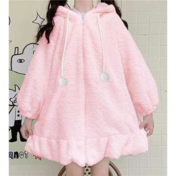 BZB Kawaii Anime Bunny Ear Hoodies For Women Sweet Lovely Fuzzy Fluffy Rabbit Sweater Tops Cosplay J...