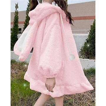BZB Kawaii Anime Bunny Ear Hoodies For Women Sweet Lovely Fuzzy Fluffy Rabbit Sweater Tops Cosplay Jacket Coats Pink