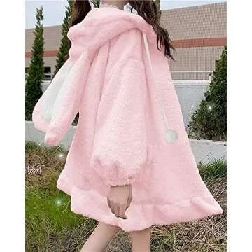 BZB Kawaii Anime Bunny Ear Hoodies For Women Sweet Lovely Fuzzy Fluffy Rabbit Sweater Tops Cosplay Jacket Coats Pink