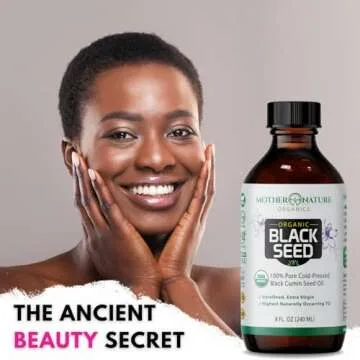 Mother Nature USDA Organic Black Seed Oil – Cold Pressed, Unrefined & Vegan Nigella Sativa, High Thymoquinone (2%+), Omega 3 6 9 for Immune, Joint & Heart Support, Hair & Skin, Non-GMO, 8oz