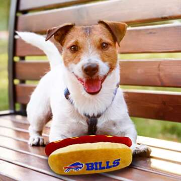 Pets First NFL Buffalo Bills HOT Dog Plush Dog & CAT Squeak Toy - Cutest HOT-Dog Snack Plush Toy for Dogs & Cats with Inner Squeaker & Beautiful Football Team Name/Logo, 8 x 5 x 3 Inches