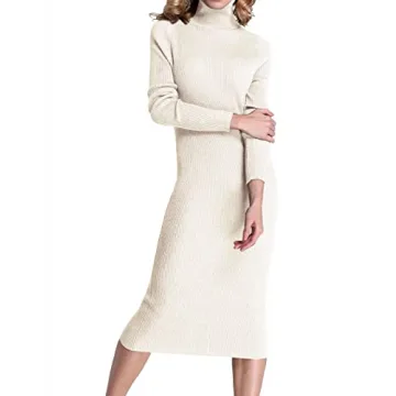 Rocorose Women's Long Sleeve Dresses Fall Knitted Turtleneck Slim Fit Bodycon Casual Fall Sweater Iv...