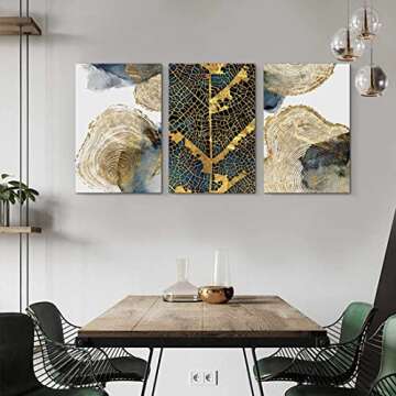 Abstract Tree Ring Wall Art for Home Decor, 16"x 24" Golden Annual Rings Tree Leaves Blue Gray Ink P...