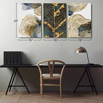 Abstract Tree Ring Wall Art for Home Decor, 16"x 24" Golden Annual Rings Tree Leaves Blue Gray Ink Prints Painting Framed Artwork for Living Room Bedroom Office Posters Decor, Ready to Hang