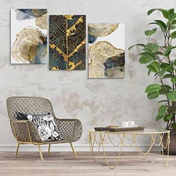 Abstract Tree Ring Wall Art for Home Decor, 16"x 24" Golden Annual Rings Tree Leaves Blue Gray Ink Prints Painting Framed Artwork for Living Room Bedroom Office Posters Decor, Ready to Hang