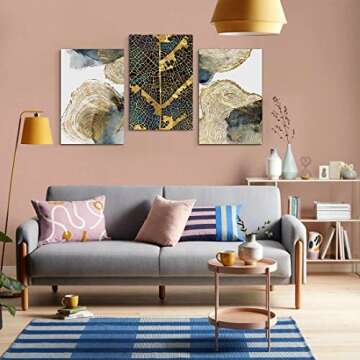 Abstract Tree Ring Wall Art for Home Decor, 16"x 24" Golden Annual Rings Tree Leaves Blue Gray Ink Prints Painting Framed Artwork for Living Room Bedroom Office Posters Decor, Ready to Hang