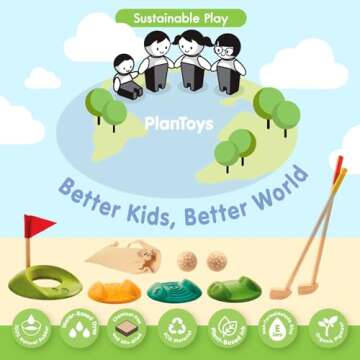 PlanToys Mini Golf - Full Toddler Golf Set - 2 Kid Size Golf Clubs, 2 Wooden Balls, 3 Different Challenging Tracks, Flag and Hole, and Golf Bag, Sustainably-Made