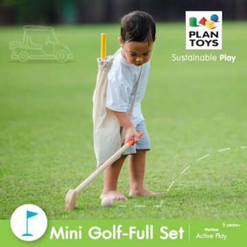 PlanToys Mini Golf - Full Toddler Golf Set - 2 Kid Size Golf Clubs, 2 Wooden Balls, 3 Different Challenging Tracks, Flag and Hole, and Golf Bag, Sustainably-Made