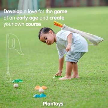 PlanToys Mini Golf - Full Toddler Golf Set - 2 Kid Size Golf Clubs, 2 Wooden Balls, 3 Different Challenging Tracks, Flag and Hole, and Golf Bag, Sustainably-Made