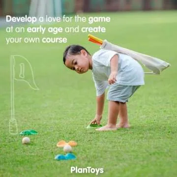 PlanToys Mini Golf - Full Toddler Golf Set - 2 Kid Size Golf Clubs, 2 Wooden Balls, 3 Different Challenging Tracks, Flag and Hole, and Golf Bag, Sustainably-Made