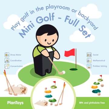 PlanToys Mini Golf - Full Toddler Golf Set - 2 Kid Size Golf Clubs, 2 Wooden Balls, 3 Different Challenging Tracks, Flag and Hole, and Golf Bag, Sustainably-Made