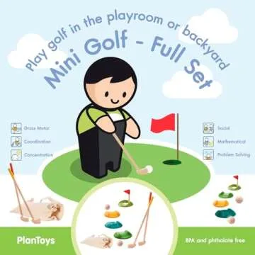 PlanToys Mini Golf - Full Toddler Golf Set - 2 Kid Size Golf Clubs, 2 Wooden Balls, 3 Different Challenging Tracks, Flag and Hole, and Golf Bag, Sustainably-Made