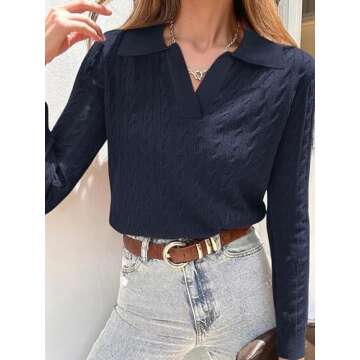 ANRABESS Womens Cable Knit Sweaters Long Sleeve V Neck Sweater Tops Casual Pullover Polo Shirts 2024 Fall Fashion Outfits Navy Blue L