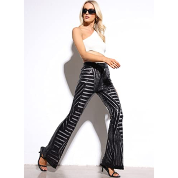 AZOKOE Women Glitter Sequin High Waist Flare Pants - Stylish Party Wear