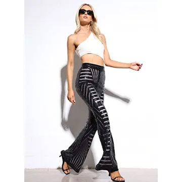 AZOKOE Women Glitter Sequin High Waist Flare Pants - Stylish Party Wear