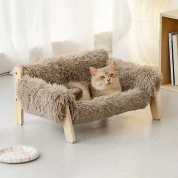 MEWOOFUN Cat Couch Bed, Pet Sofa for Indoor Cats Wooden Indoor Elevated Cat Beds with Removable Mattress Cover Suitable for Kitty, Puppy or Small Animal (Brown, Medium)