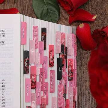 Thinkor Reposition Laminated Bible Tabs, Large Print Stickers, Easy to Read and Apply Bible Tabs for Women and Man (Pink Rose Print)