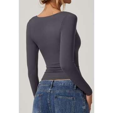 QINSEN Womens Daily Basic Tops Double Lined Long Sleeve Sweetheart Neck Cropped Tee Shirt Dark Grey S
