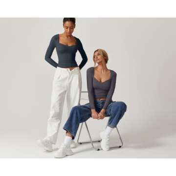 QINSEN Womens Daily Basic Tops Double Lined Long Sleeve Sweetheart Neck Cropped Tee Shirt Dark Grey S