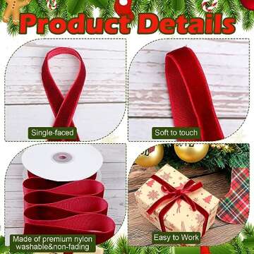Jutom 3 Rolls Christmas Vintage Velvet Ribbon Vintage Khaki Velvet Ribbon Solid Color Satin Velvet Ribbon for Christmas Wedding Wrapping DIY Crafts Decoration Favors, Total 30 Yards (Wine Red)