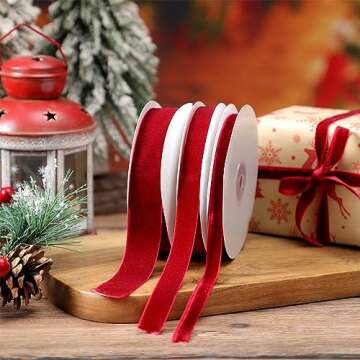 Jutom 3 Rolls Christmas Vintage Velvet Ribbon Vintage Khaki Velvet Ribbon Solid Color Satin Velvet Ribbon for Christmas Wedding Wrapping DIY Crafts Decoration Favors, Total 30 Yards (Wine Red)