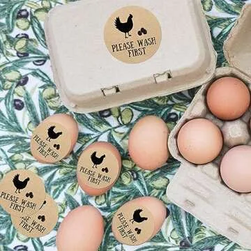 AnyDesign 500 Pcs Farm Fresh Eggs Stickers 2 Inch Round Farm Chicken Egg Labels Natural Brown Kraft Unwashed Egg Cartoon Label Decal for Business Farm Fresh Produce Egg Cartoon Labeling