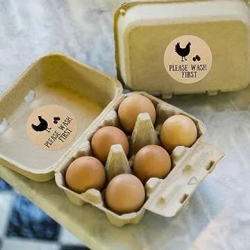 AnyDesign 500 Pcs Farm Fresh Eggs Stickers 2 Inch Round Farm Chicken Egg Labels Natural Brown Kraft Unwashed Egg Cartoon Label Decal for Business Farm Fresh Produce Egg Cartoon Labeling