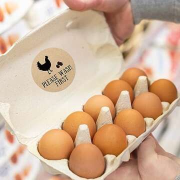AnyDesign 500 Pcs Farm Fresh Eggs Stickers 2 Inch Round Farm Chicken Egg Labels Natural Brown Kraft Unwashed Egg Cartoon Label Decal for Business Farm Fresh Produce Egg Cartoon Labeling