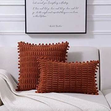 Fancy Homi 2 Packs Rust Decorative Throw Pillow Covers 18x18 Inch with Pom-poms for Couch Bed Living Room, Farmhouse Boho Home Decor, Terracotta Soft Corduroy Cute Square Cushion Case 45x45 cm