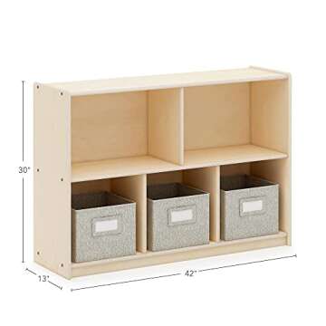 Guidecraft EdQ 5 Compartment Storage 30'' Natural with 3 Fabric Bins: Wooden Kids Bookcase, Two Shel...