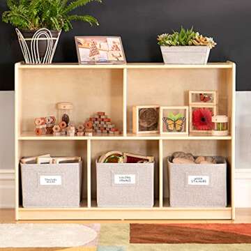 Guidecraft EdQ 5 Compartment Storage 30'' Natural with 3 Fabric Bins: Wooden Kids Bookcase, Two Shelf Organizer for Books, Toys, Games, Arts, Crafts, School Supplies; Home and Classroom